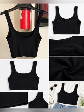 Fashion Nova Black Ribbed Square Neck Crop Tank